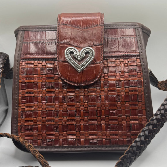 Brighton Handbags - Brighton Mahogany Brown Croc Embossed Woven Leather Crossbody Bag Silver Heart